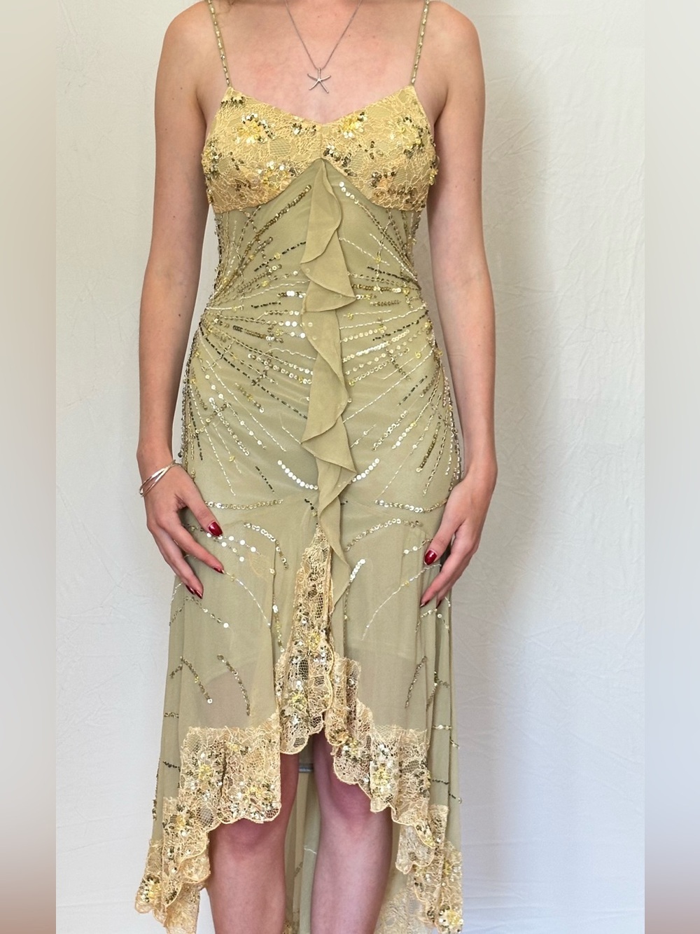 Gold Sequin High-Low Ruffle Dress